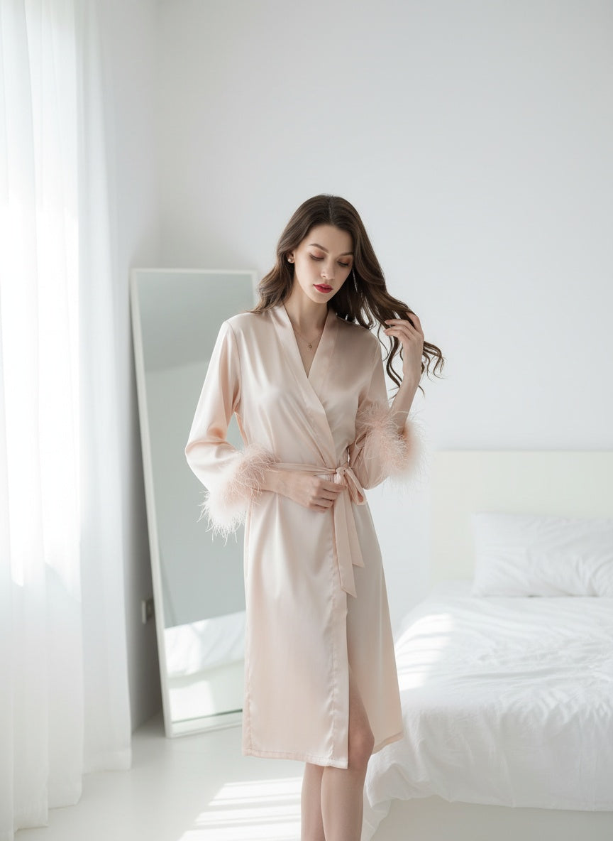 Elite peach Satin Lounge Robe & Sleep Wellness Set (4-Piece)