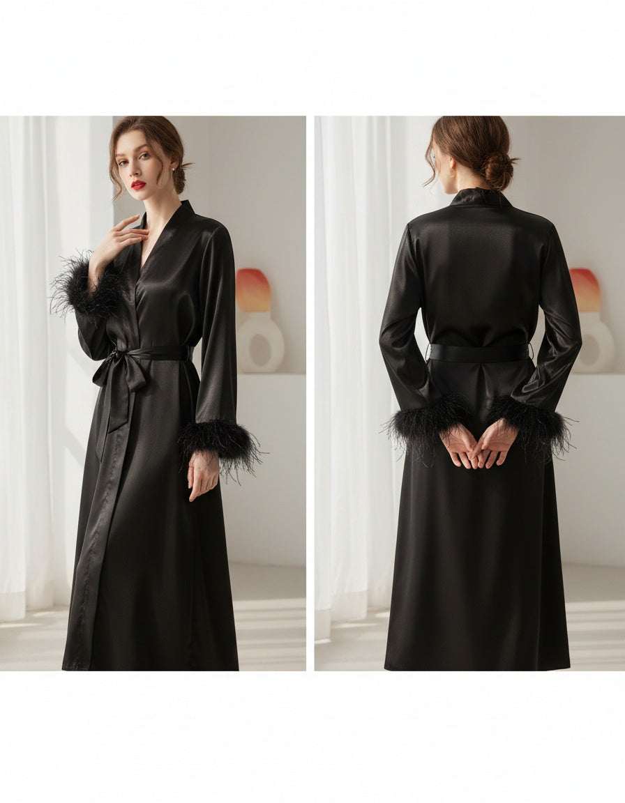 Elite black Satin Lounge Robe & Sleep Wellness Set (4-Piece)