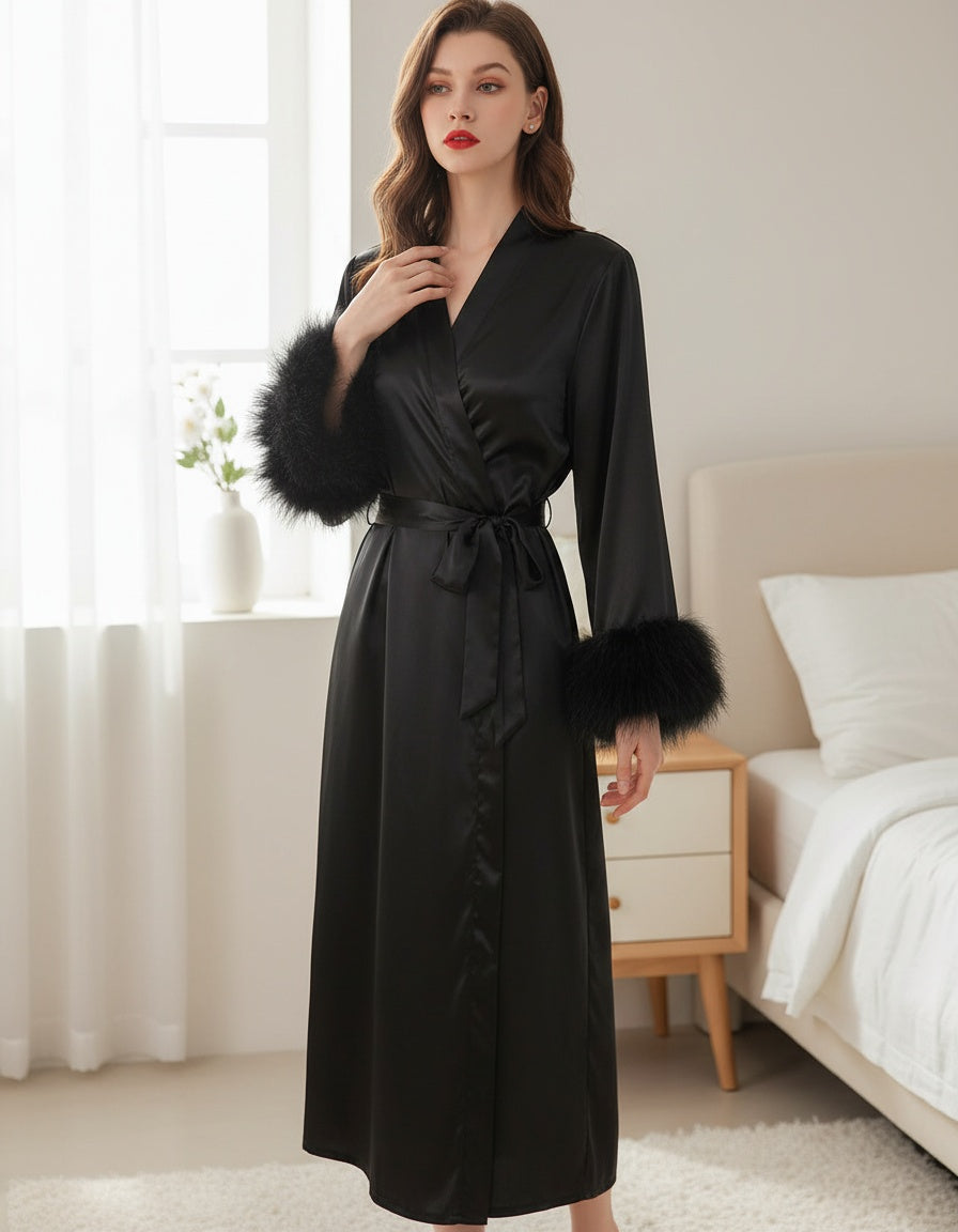 Elite black Satin Lounge Robe & Sleep Wellness Set (4-Piece)