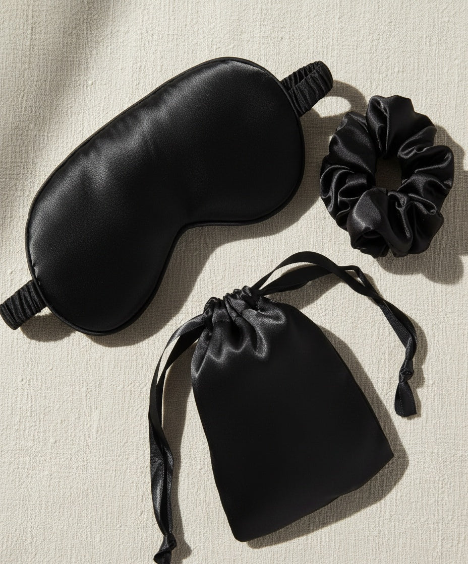 Elite black Satin Lounge Robe & Sleep Wellness Set (4-Piece)