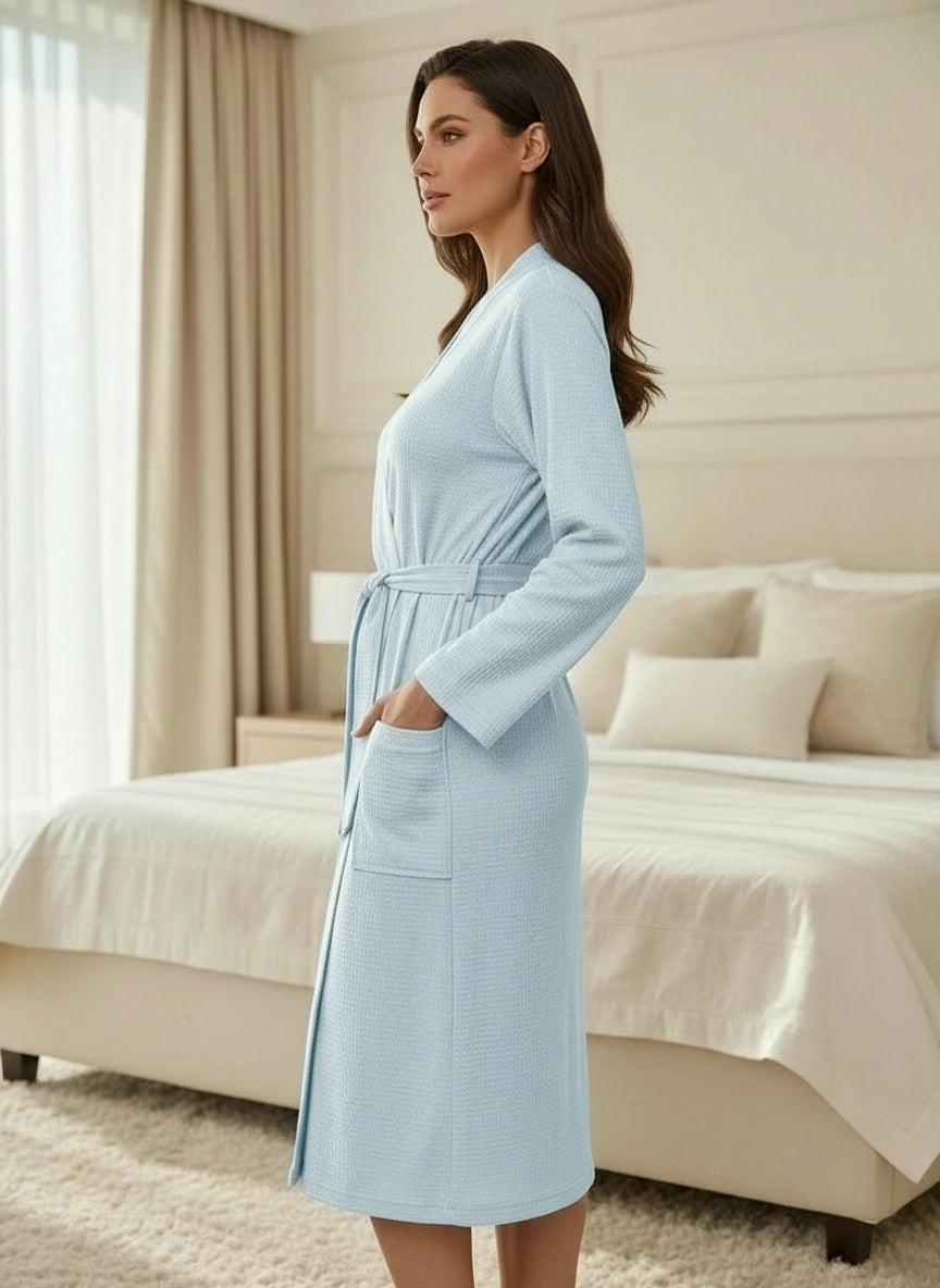 Luxury Waffle Knit Women's Bathrobe – Premium Cotton Blend Loungewear with Tie Belt