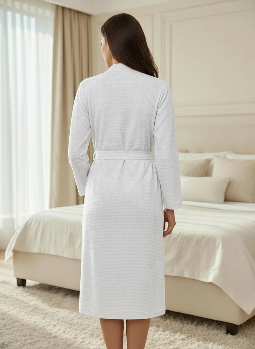 Luxury Waffle Knit Women's Bathrobe – Premium Cotton Blend Loungewear with Tie Belt