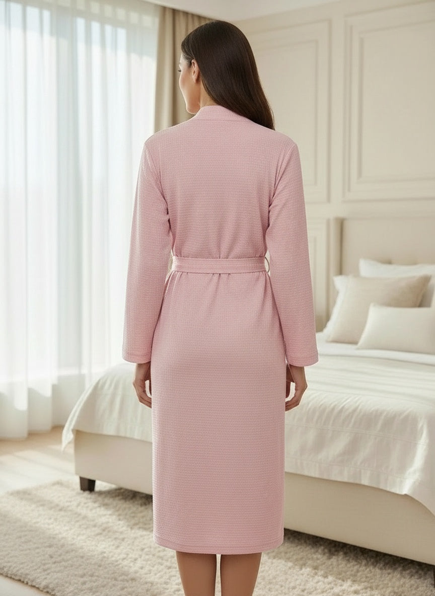 Luxury Waffle Knit Women's Bathrobe – Premium Cotton Blend Loungewear with Tie Belt
